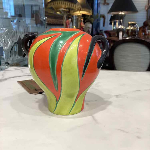 Art Deco Orange, Green, Black Handle Vase