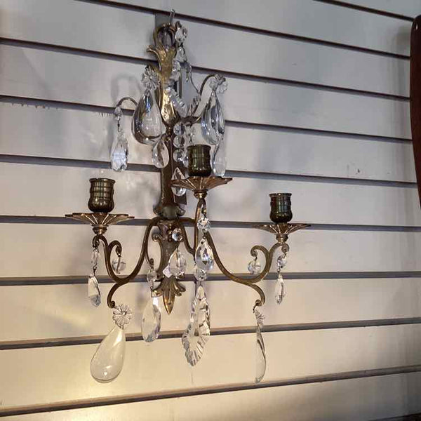 Pair Brass & Crystal Wall Sconce