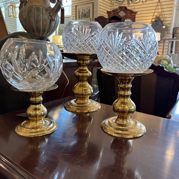 Three Brass Candleholders with Crystal Bowls