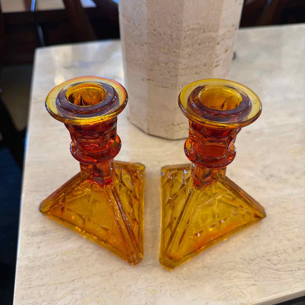 Pair of Amber Glass Candlesticks