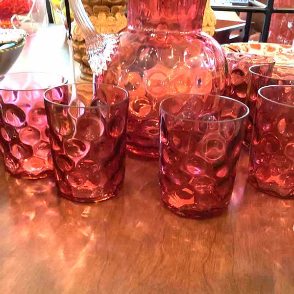 Cranberry Glass Pitcher And Five Glasses