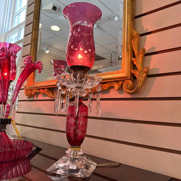 Pair Of Etched Cranberry Glass Hurricane Lamps