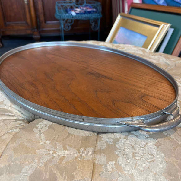 "As Is" Oval Wood/Pewter Tray