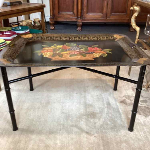 Black Metal Tole Painted Coffee Table/Italy Hand Painted