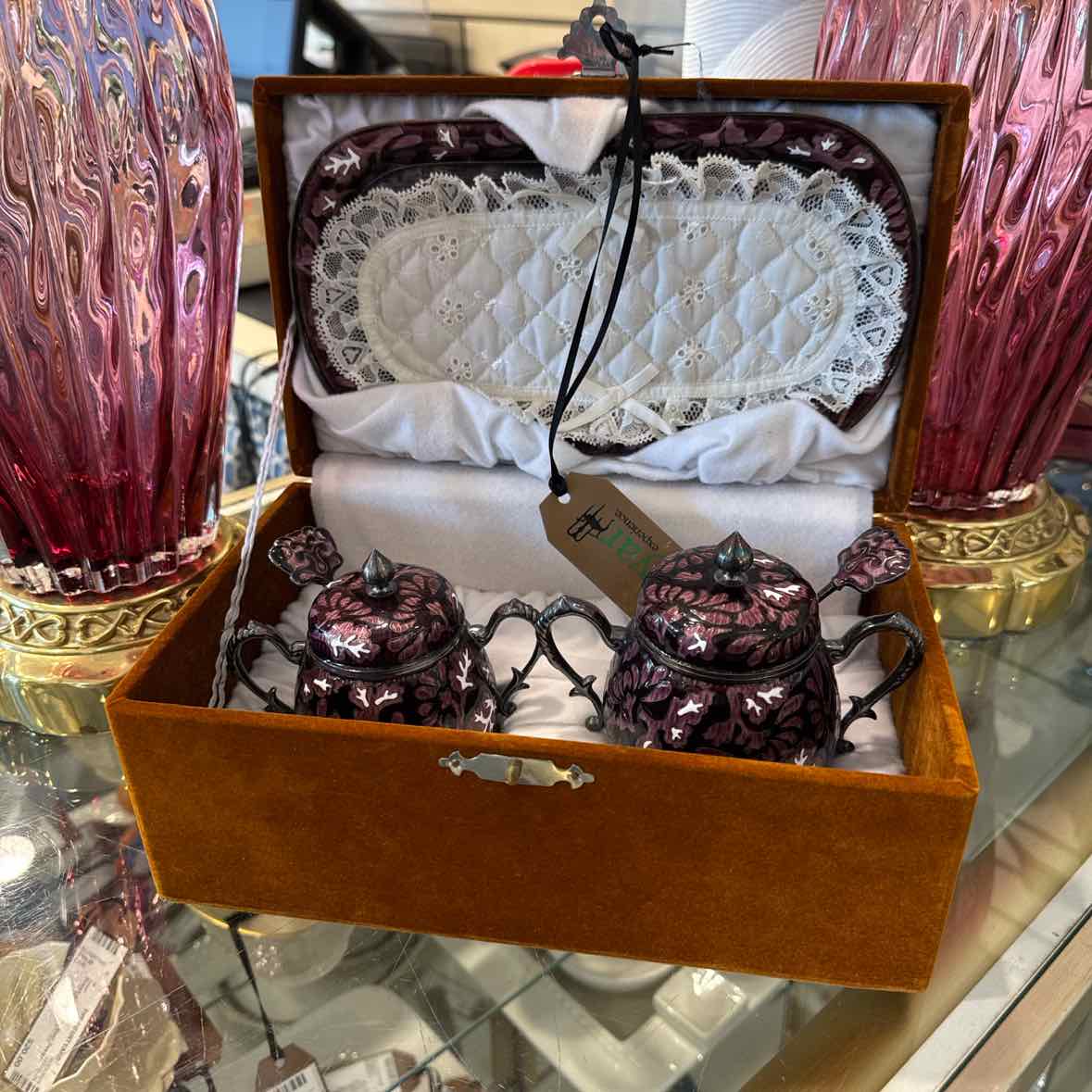 3-Pc Serving Items w/Tray In Box (Decorative enamel/Silver)