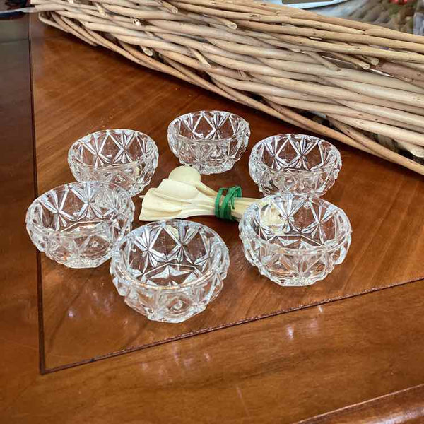 6 Glass Salts and Bone Spoons