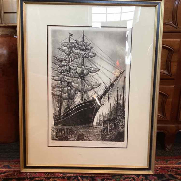 Alan Jay Gaines Etching of Sailing Ship
