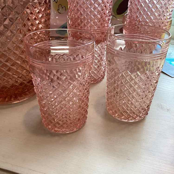 Miss America Depression Glass Pitcher w/ 6 Glasses (Pink)