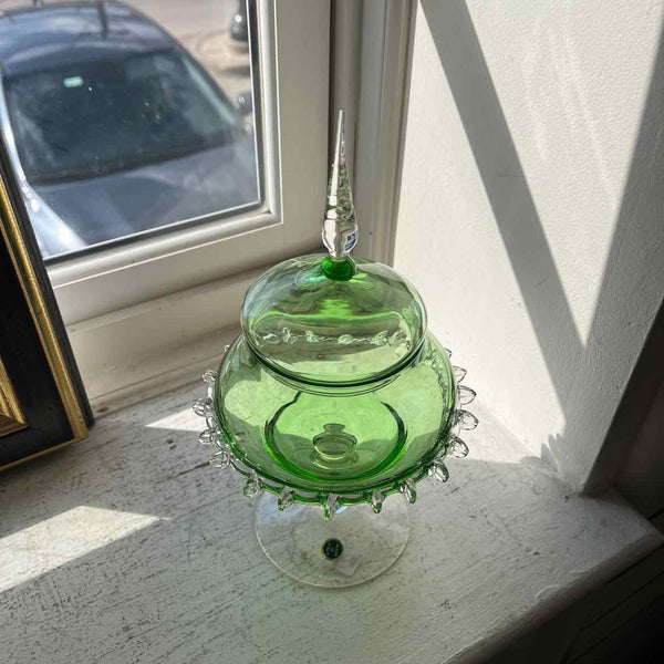 Green Glass Candy Dish w/Lid (Italy)