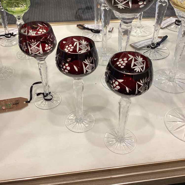 Set of 3 Dark Ruby Cut Crystal Glasses