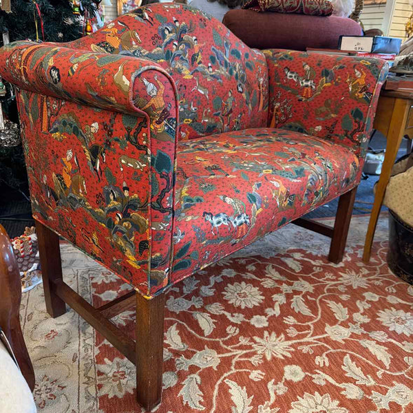 Antique Red & Gold Fabric Settee