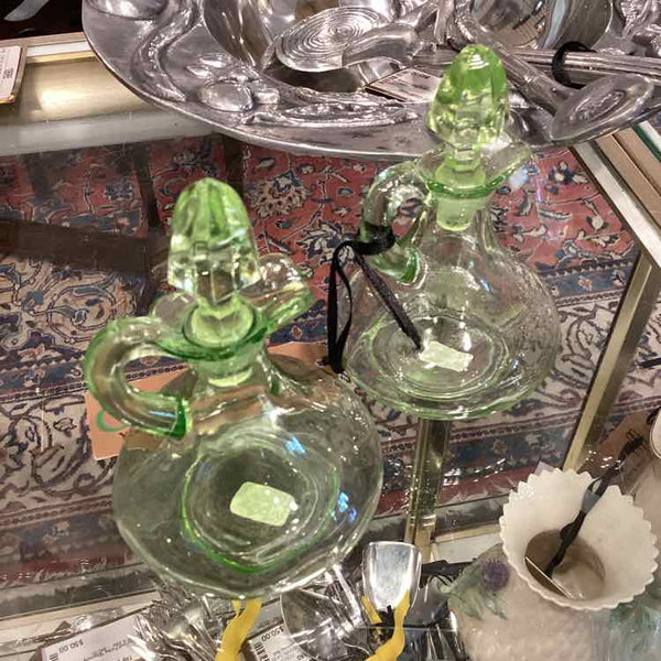 Pair Of Vintage Green Glass Cruets