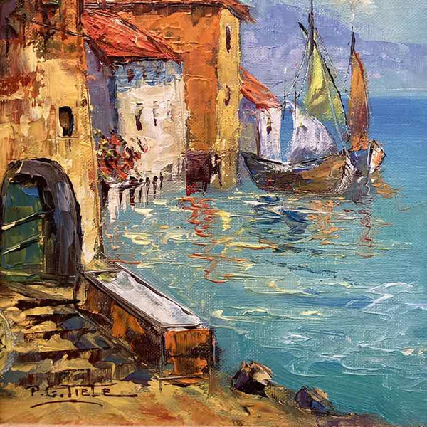 Coastal Scene Oil Painting with Gold Frame