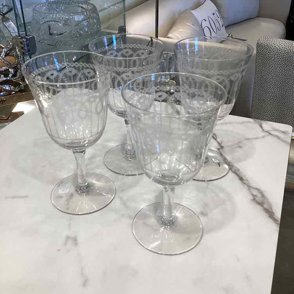 Set Of Eight Vintage Etched Wine Glasses
