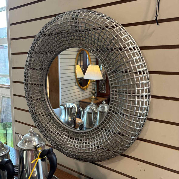 Silver Basketweave Round Mirror