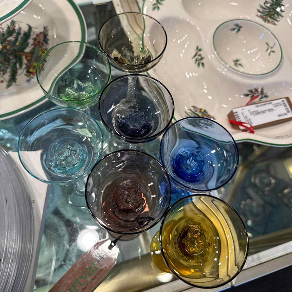 Set of 7 Crystal Twisted Stem Multicolored Glasses