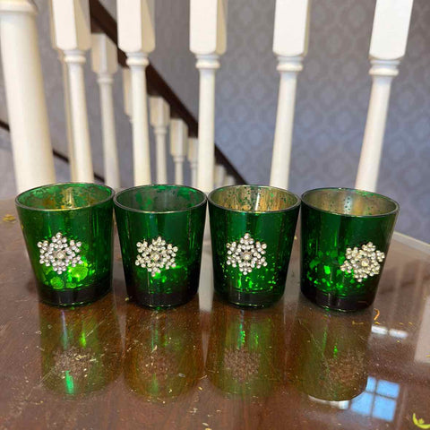 4 Green Snowflake Votives
