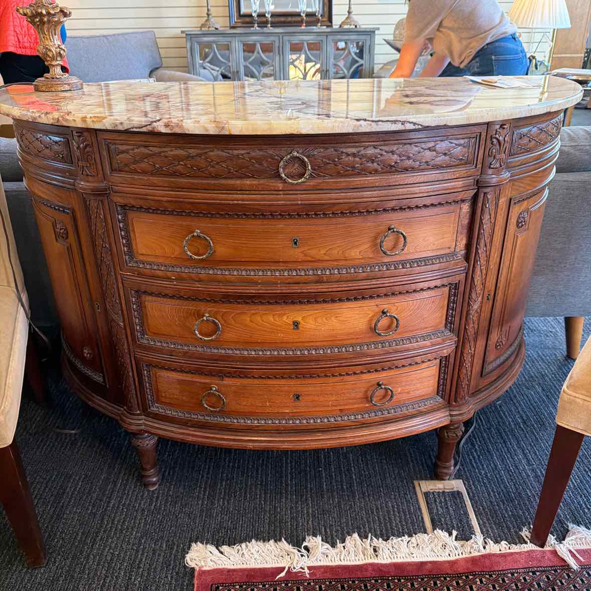 Antique Carved Marble Top Demi Lune Table