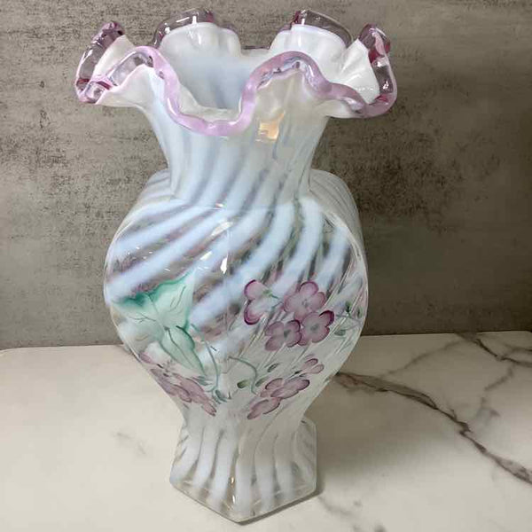 Fenton Hand Painted Orchid Crest Ruffled Vase - Signed