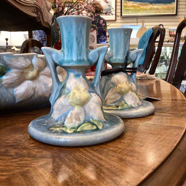 "As Is" Pair Of Roseville Clematis Candle Holders