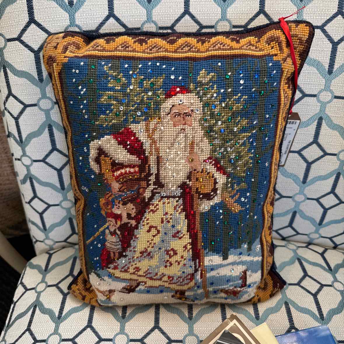 Radko Needlepoint Crystal Santa Pillow