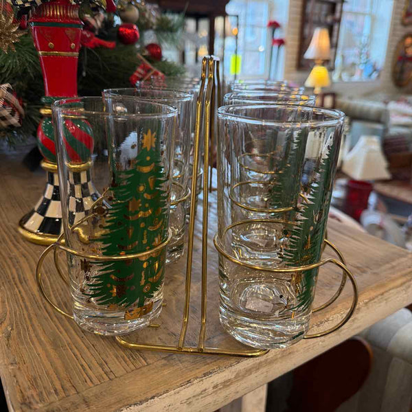 8 Green & Gold Christmas Glasses in Carrier