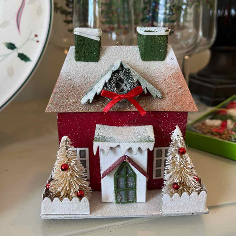 Lighted Putz House w/White Trees
