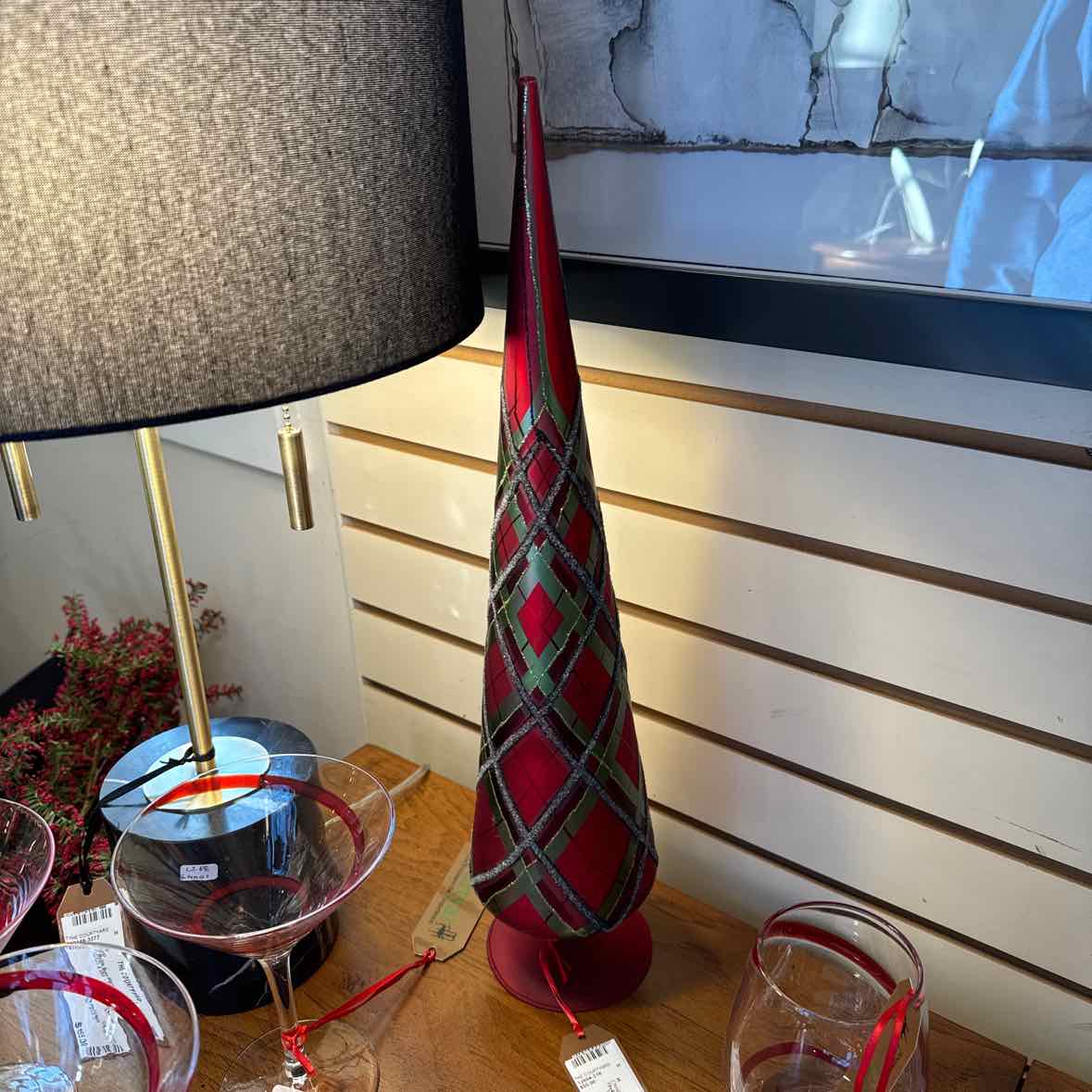 Red Plaid Glass Tree Topper