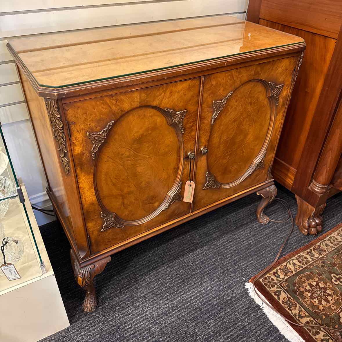 Vintage Glass Top Burled Wood Cabinet