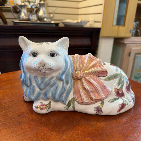 Ceramic Cat Figurine with Floral Pattern