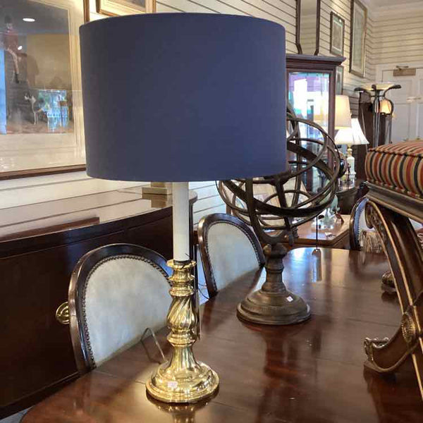 Brass Candlestick Lamp with Navy Shade