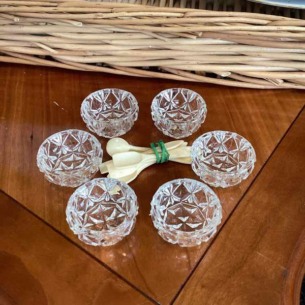 6 Glass Salts and Bone Spoons