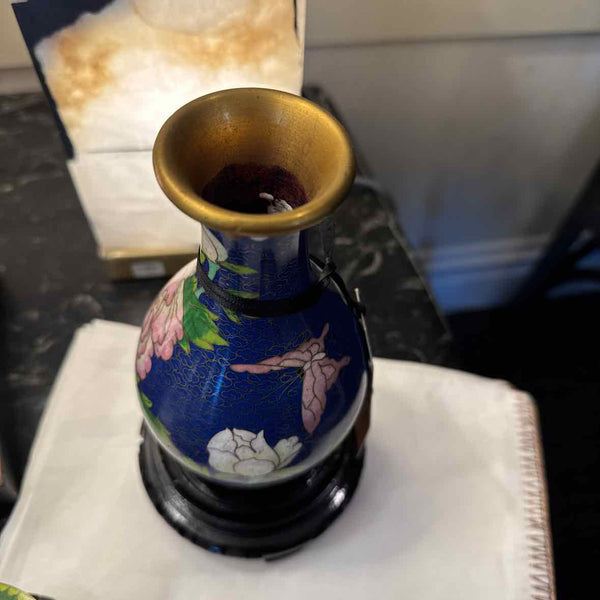 Vintage Cloisonne Blue Enamel/Bronze Vase