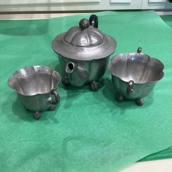 Antique Pewter Teapot, Sugar, and Creamer