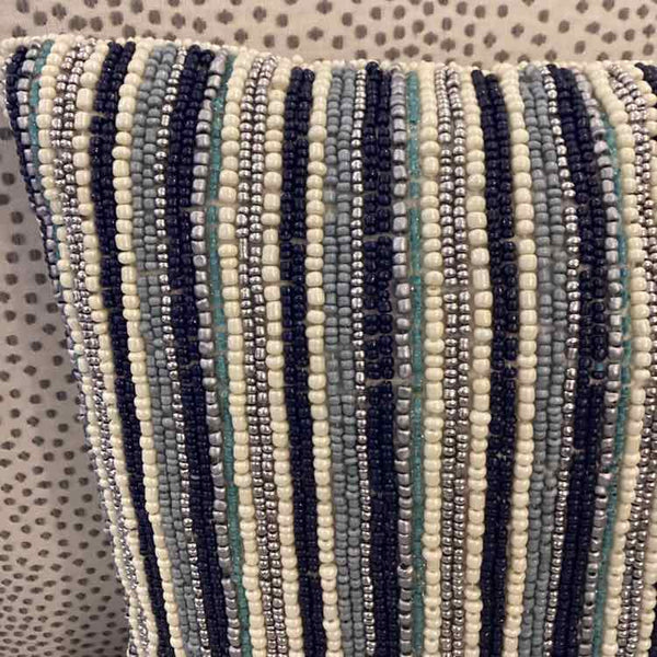 Beaded Blue/Ivory/Silver Pillow