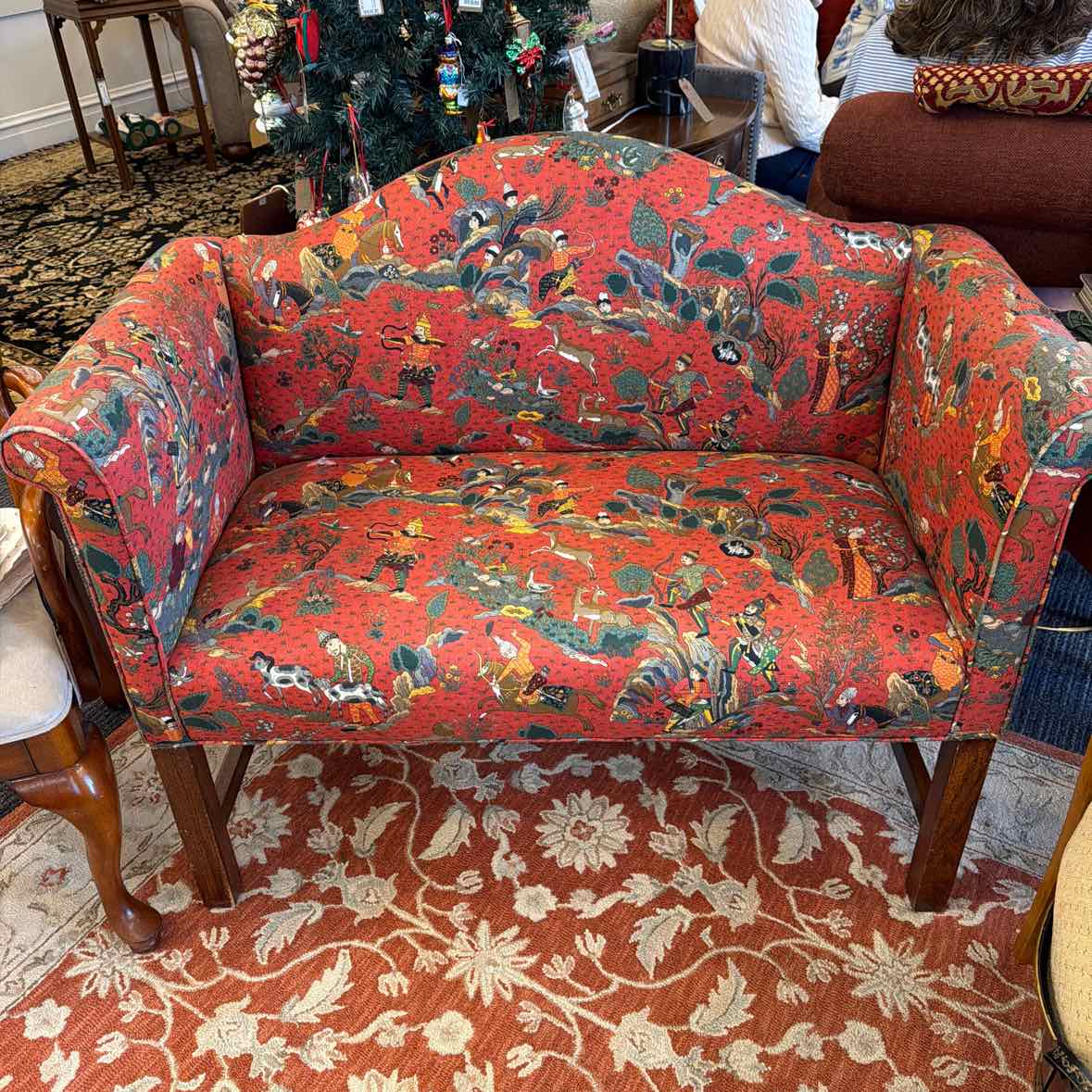 Antique Red & Gold Fabric Settee