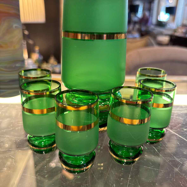 Bohemian Green Glass Decanter with 6 Glasses