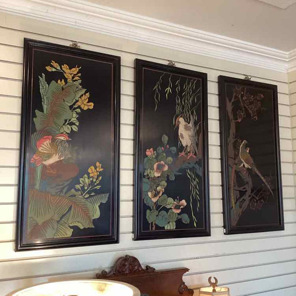 Set of 3 Black Lacquered Asian Art