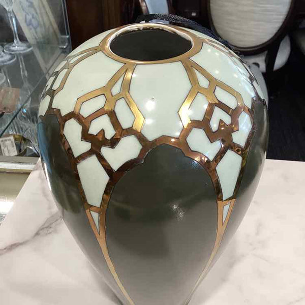 Green, Gold & Ivory Tall Vase