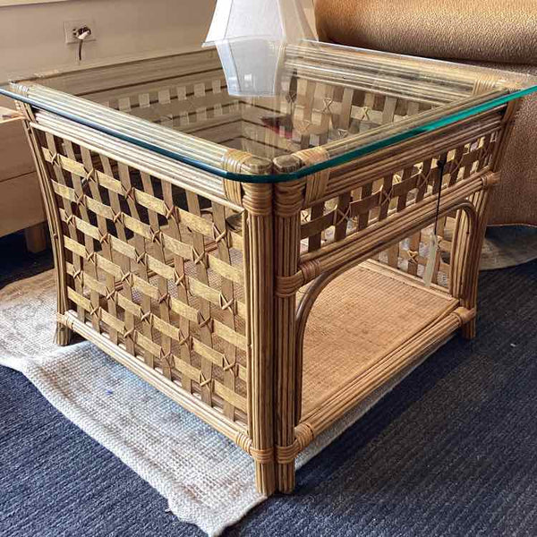 Rattan End Table With Glass Top