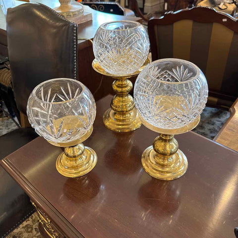 Three Brass Candleholders with Crystal Bowls
