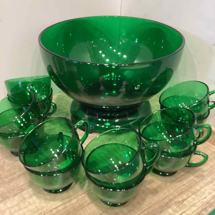 Green Glass Punch Bowl w Cups