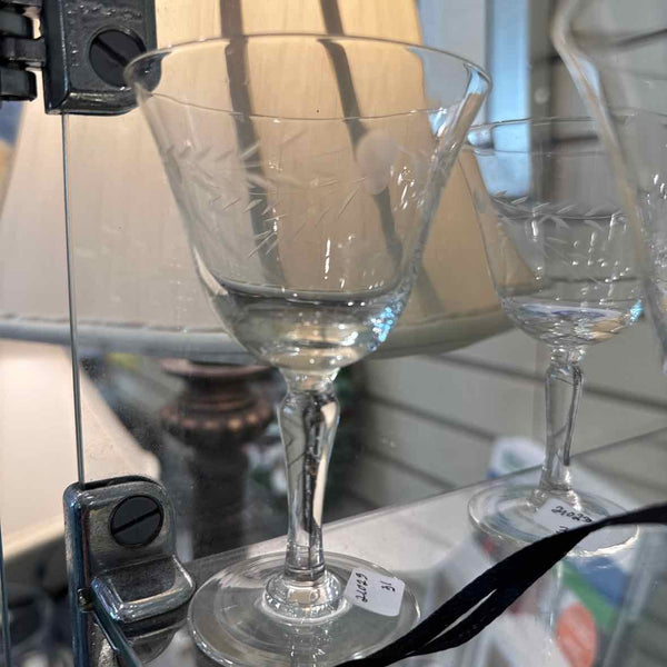 Set of 7 Etched Glass Wine Glasses