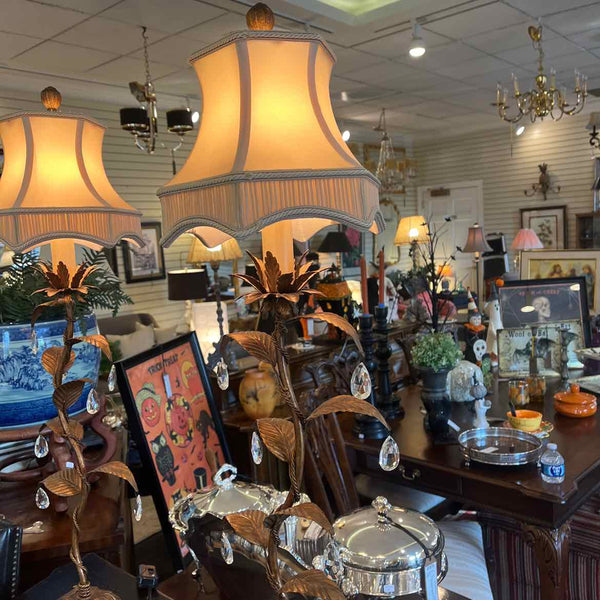 Pair of Copper Leaf Lamp With Prisms