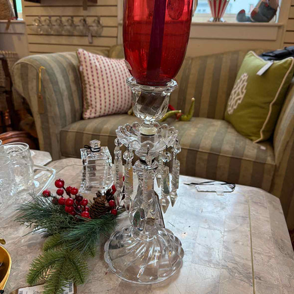 Pr. Glass Candleholders w/Cranberry Hurricanes