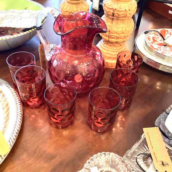 Cranberry Glass Pitcher And Five Glasses