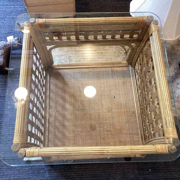 Rattan End Table With Glass Top