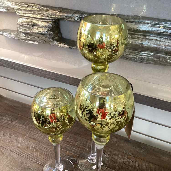 Set of 3 Gold/Green Mercury Crackle Glass Candle Holders
