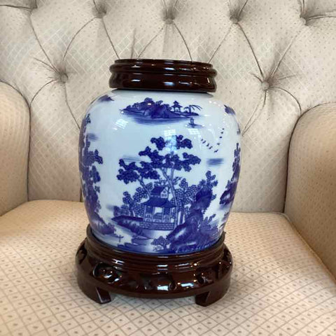 Blue and White Jar w Lid and Stand