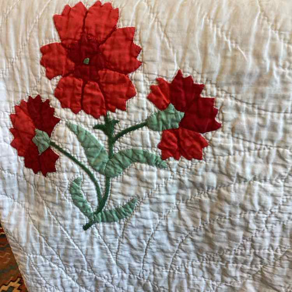 Hand Sewn White Quilt with Red Flowers